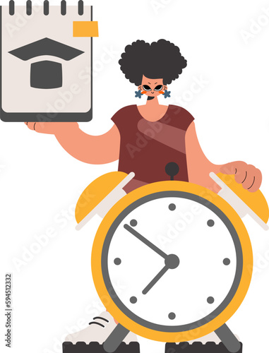Energized woman with hypothetical and caution clock, limited on white establishment. Trendy style, Vector Illustration