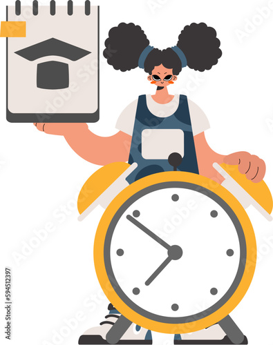 Youthful woman with hypothetical and caution clock, isolated on white establishment. Trendy style, Vector Illustration