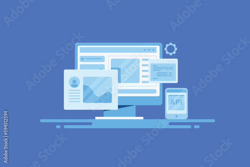 Api integration concept, multiple app connection and data transfer system, user interface and automate business process, vector illustration blue abstract background.