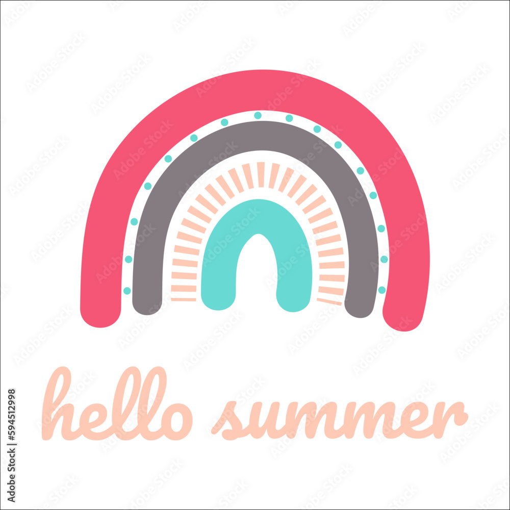 Boho Summer vacation and watersport on the beach. Card with modern lettering hello summer. Minimal label design for banner, poster, flyer. Vector illustration Boho Summer vacation and watersport on the beach. Card with modern lettering hello summer. Minimal label design for banner, poster, flyer. Vector illustration