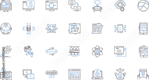 Apparatus line icons collection. Device, Machine, Equipment, Instrument, Gadget, Engine, Mechanism vector and linear illustration. Contraption,Implement,Widget outline signs set