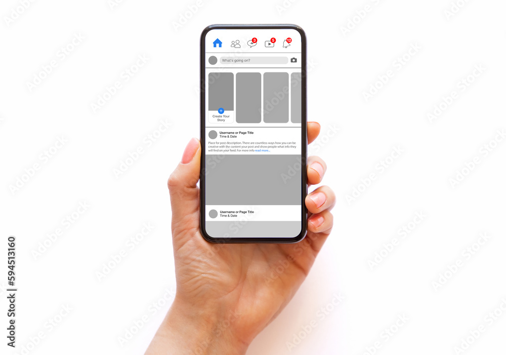 Phone in hand with social media app mockup on it's screen Phone in hand with social media app mockup on it's screen