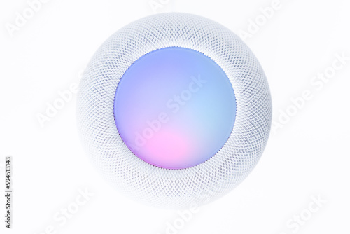 Modern music speaker on white background, view from above photo