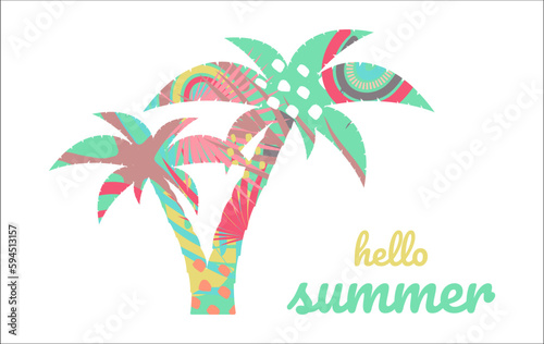 Boho Summer vacation and  watersport on the beach. Card with modern lettering hello summer. Minimal label design for banner, poster, flyer. Vector illustration
