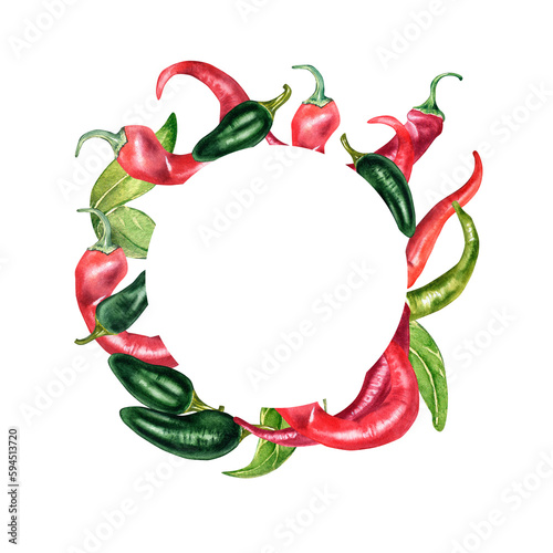 Frame of various hot peppers watercolor illustration isolated on white.