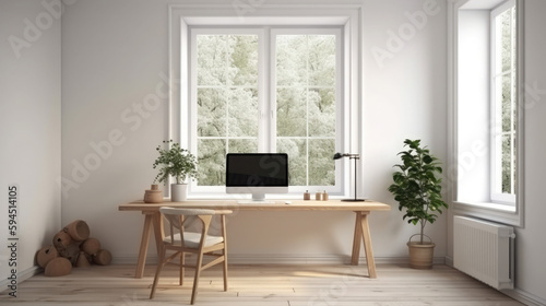 minimalist office space home office interior design, desk with desktop computer