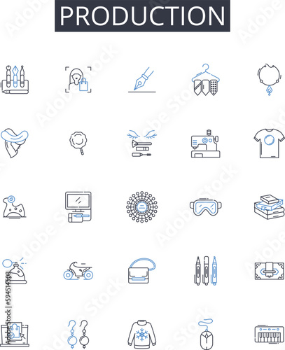 Production line icons collection. Creation, Development, Fabrication, Manufacture, Generation, Construction, Assembly vector and linear illustration. Crafting,Formation,Building outline signs set