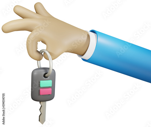 Businessman hand holding car key. Car finance concept. 3D cute cartoon character.