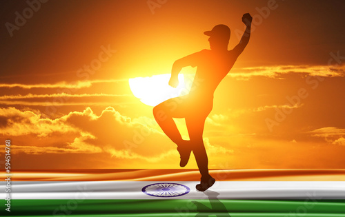 Cricketer on the background of the flag of India . 3d illustration