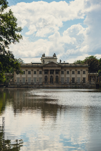 Baths classicist Palace on the Isle in Lazienki Park touristic place in Warsaw. Lazienki Royal Baths Park  Warsaw Poland. Mirror Reflection on the Lake. Nature in summer Baroque columns 