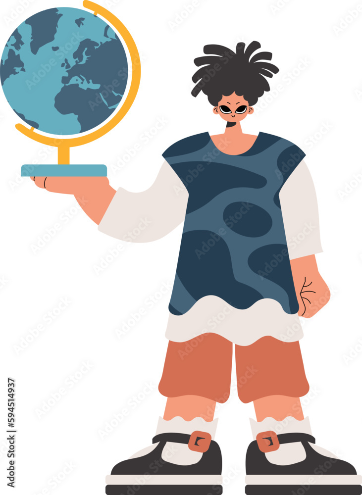 Fototapeta premium The individual holds a globe in his hands, kept on a white establishment. Trendy style, Vector Illustration