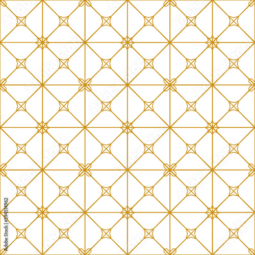Square shapes with crossing diagonal lines and mixed simple star shapes at the intersection points in a repeating gold color outline pattern. Geometric vector illustration.