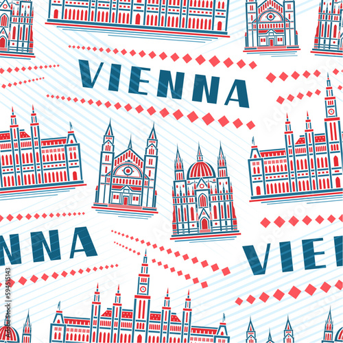 Vector Vienna Seamless Pattern, repeating background with illustration of historic european vienna city scape on white background for wrapping paper, decorative line art urban poster with text vienna