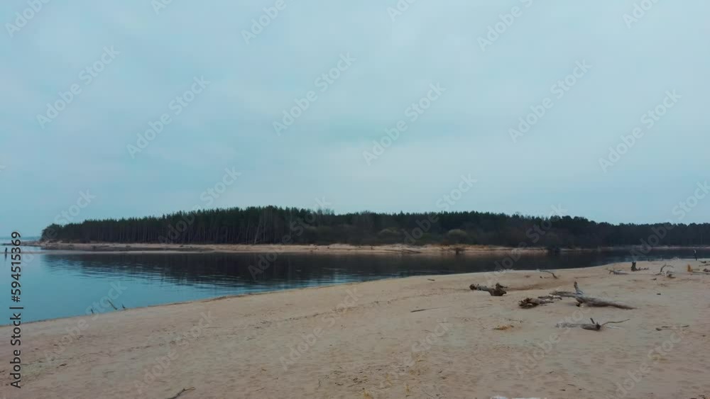 Gauja River Latvia Drain Into Baltic Sea, Carnikava, Latvia. Broken Pines After Storm and Washed Up Shore. Aerial Drone View Cloudy Spring Day, Tree Trunks Washed a Shore in the Beach 4K UHD Video Gauja River Latvia Drain Into Baltic Sea, Carnikava, Latvia. Broken Pines After Storm and Washed Up Shore. Aerial Drone View Cloudy Spring Day, Tree Trunks Washed a Shore in the Beach 4K UHD Video