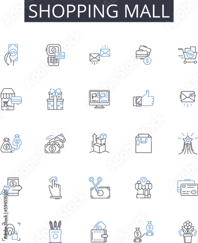 Shopping mall line icons collection. Grocery store, Department store, Supermarket, Bazaar market, Flea market, Trading center, Discount store vector and linear illustration. Boutique mall,Hypermarket