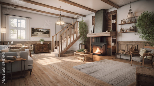 A farmhouse living room with a cozy fireplace, generative ai © Boinah