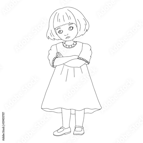 Vector black and white offended girl with crossed arms. Cute outline kid for coloring page isolated on white