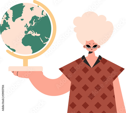 The individual holds a globe in his hands, kept on a white establishment. Trendy style, Vector Illustration