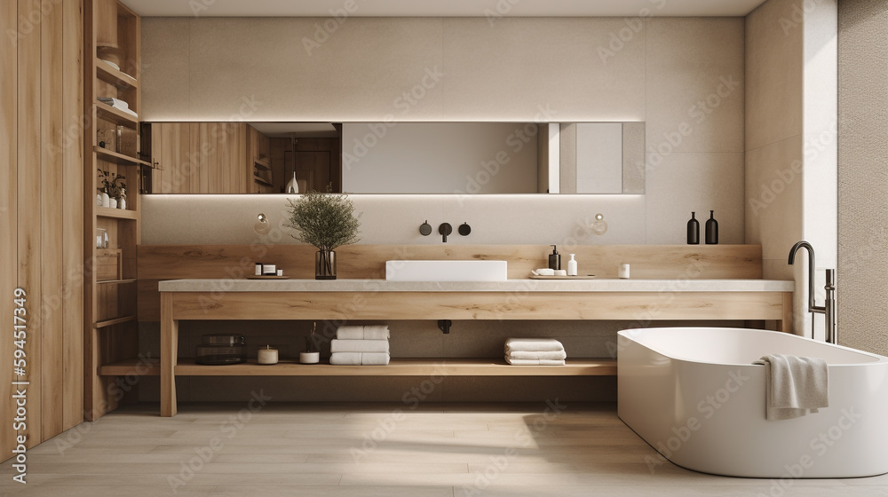 Fototapeta premium A minimalist bathroom with a neutral color scheme, generative ai