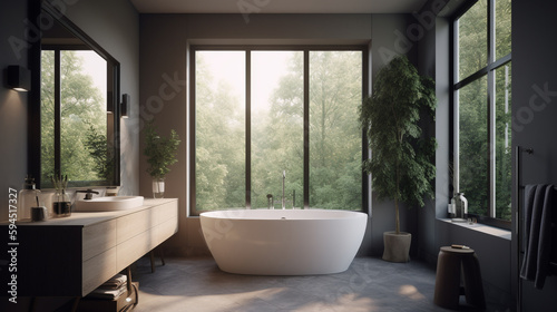 A minimalist bathroom with a neutral color scheme, generative ai © Boinah