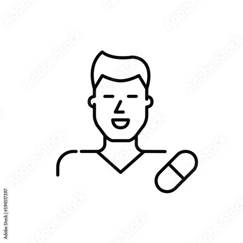 Male pharmacist icon. Smiling man in uniform and pill. Pixel perfect, editable stroke line icon