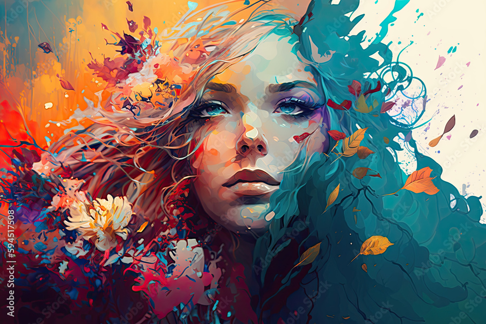 Double exposure woman profile and flowers mental health women's day illustration generative ai Double exposure woman profile and flowers mental health women's day illustration generative ai