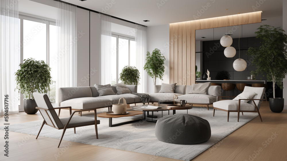 Fototapeta premium a minimalist living room with a cozy sofa, generative ai