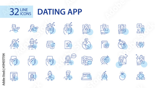 32 Dating app user profiles and interactions icons. Finding match, romantic attraction and long-term relationships. Pixel perfect, editable stroke