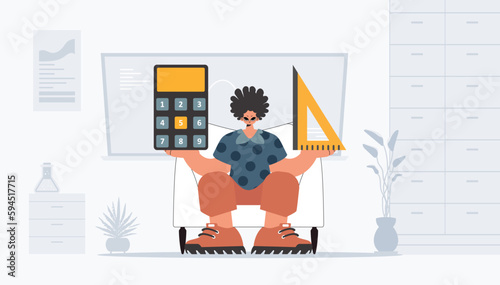 The person is holding a ruler and a calculator, learning subject. Trendy style, Vector Illustration