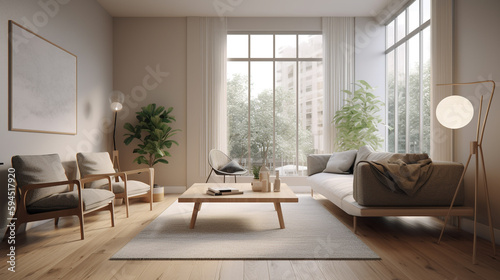 a minimalist living room with a neutral color  generative ai