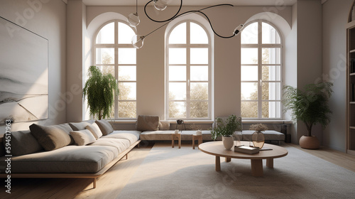 a minimalist living room with a neutral color, generative ai © Boinah