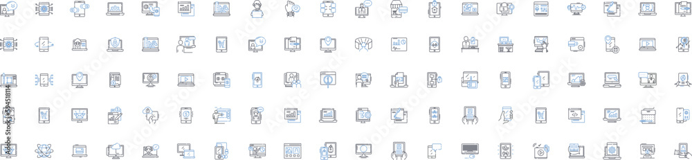 Electronics line icons collection. Gadgets, Devices, Hardware, Compnts, Circuitry, Audio, Video vector and linear illustration. Screens,Batteries,Speakers outline signs set