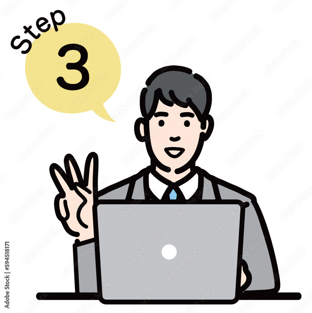 ステップ3　ラップトップの前で工程を説明するスーツを着た若い男性
