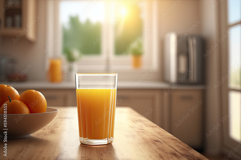 Glass of orange juice on wooden table, Generative AI Glass of orange juice on wooden table, Generative AI