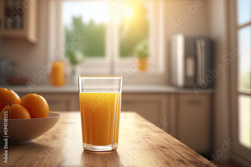 Glass of orange juice on wooden table  Generative AI