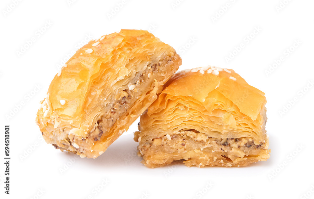 Tasty baklava isolated on white background, closeup