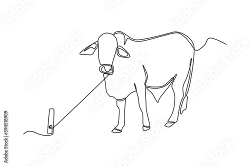 Single one line drawing cow for slaughter sacrifices. Happy Eid Al Adha concept. Continuous line draw design graphic vector illustration.
