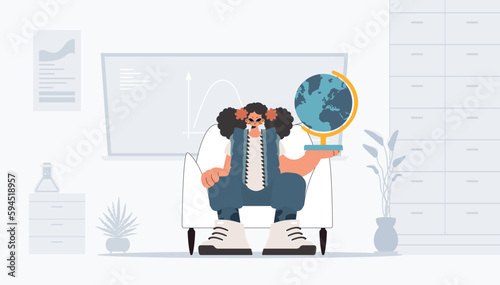 Young lady holding a enormous globe, learning subject. Trendy style, Vector Illustration