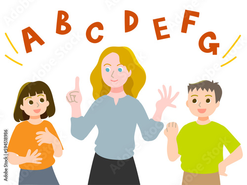 アジア人の男の子と女の子に英会話を教える白人の女性教師の子供の英会話スクールの情景