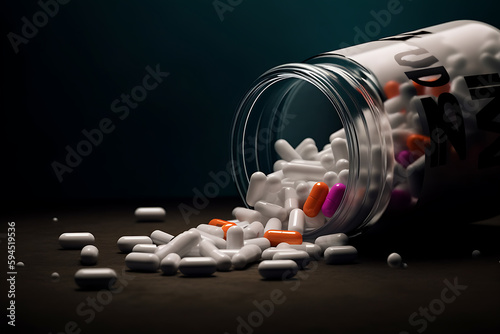 Tableau sur toile white orange pink pills falling out of a bottle on floor with dark emerald backg