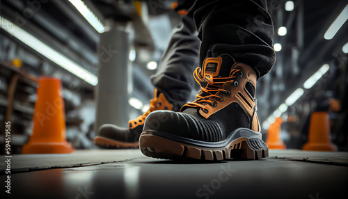 Protective worker boots on the background of production. Work clothes. © PaulShlykov
