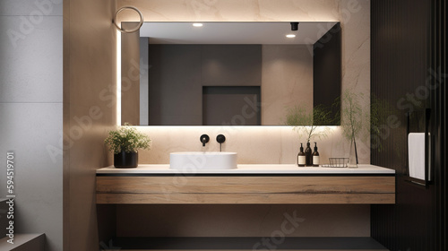 A modern minimalist bathroom with a rectangular sink   generative ai