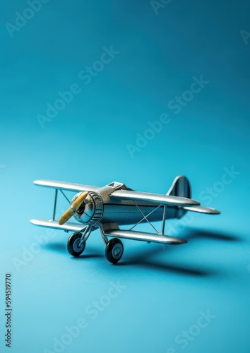 Toy airplane against a blue background. Room for copy. Concept: travel.