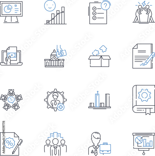 Equity financing line icons collection. Capital, Shares, Investment, Funding, Ownership, Stock, Stake vector and linear illustration. Shareholder,Public,Private outline signs set