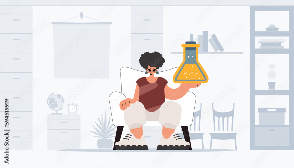 Young lady holding chemical carafe, learning point. Trendy style, Vector Illustration Young lady holding chemical carafe, learning point. Trendy style, Vector Illustration