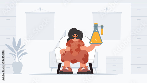 Abundant woman holding chemical carafe, learning point. Trendy style, Vector Illustration
