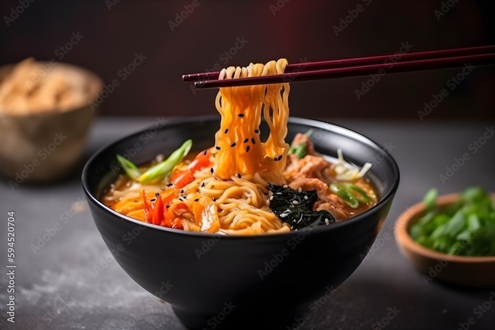 Korean ramen spicy noodle soup with chopsticks. made with Generative AI