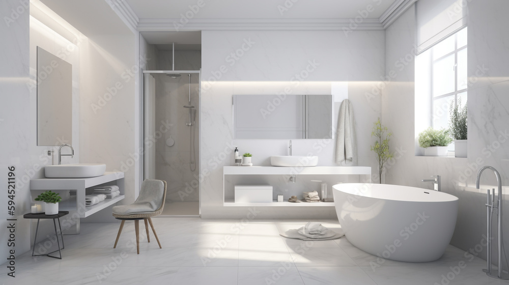 A simple elegant bathroom with a white color scheme, generative ai