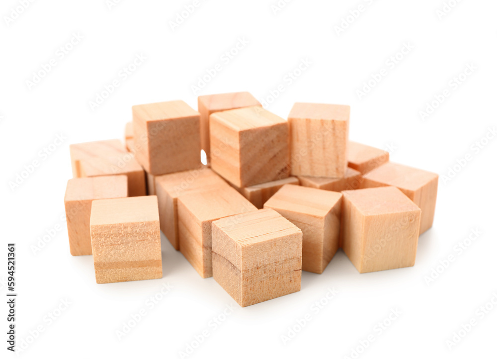 Obraz premium Heap of wooden cubes isolated on white background