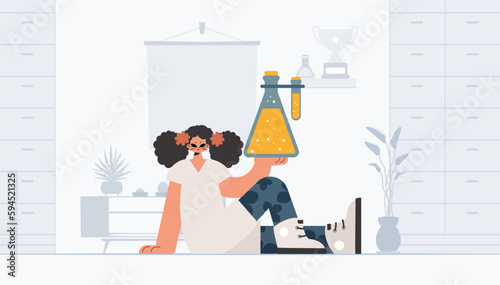 Endless woman holding chemical carafe  learning point. Trendy style  Vector Illustration